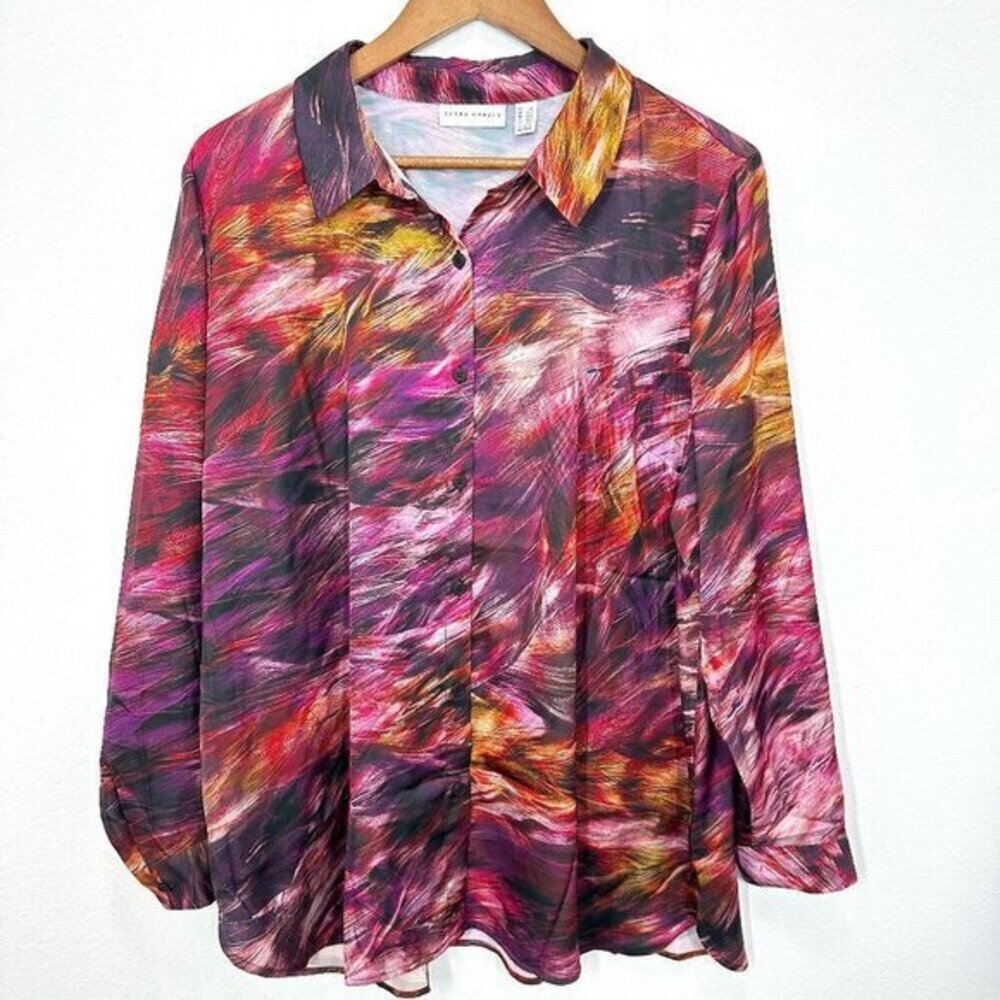 Susan Graver Petite Printed Stretch Charmeuse Big Shirt Size L‎ Pockets Vibrant